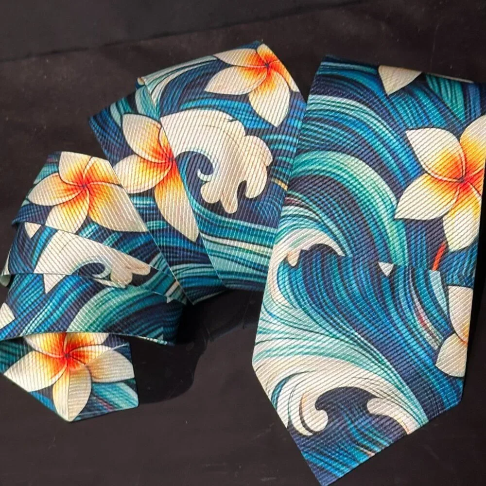 Hawaiian Floral Menswear Necktie Aloha Neckwear Resort Gift Tropical Blue Tie